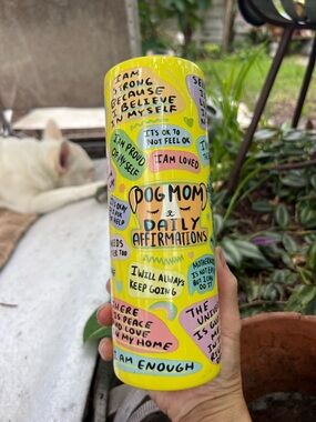 Dog Mom Daily Affirmations Yellow Insulated Tumbler w/lid Excellent Condition
